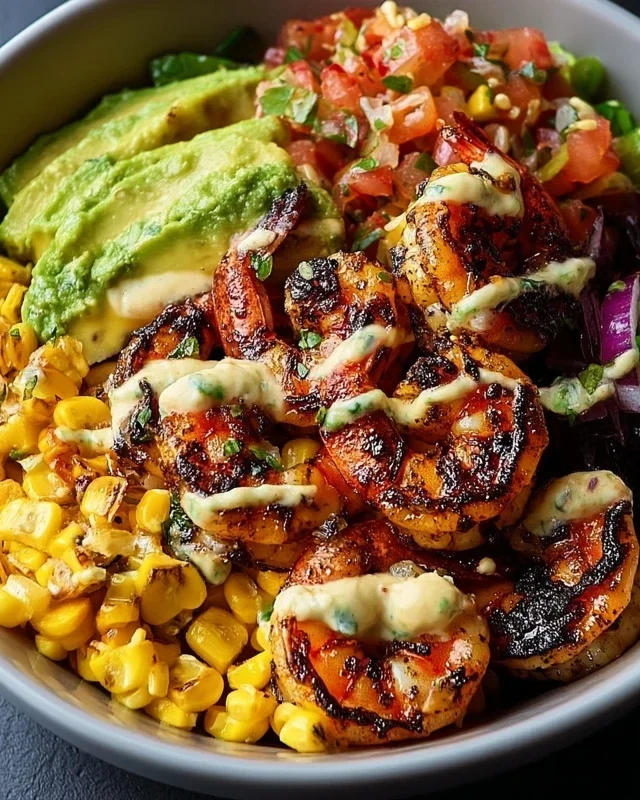 Grilled Shrimp Bowl with Avocado, Corn Salsa & Creamy Garlic Sauce