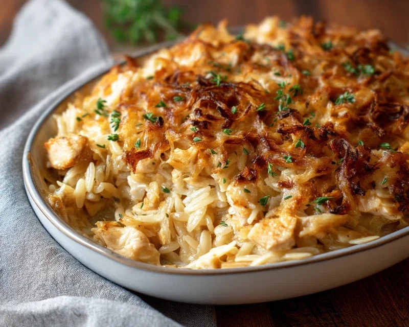 French Onion Chicken Orzo Casserole