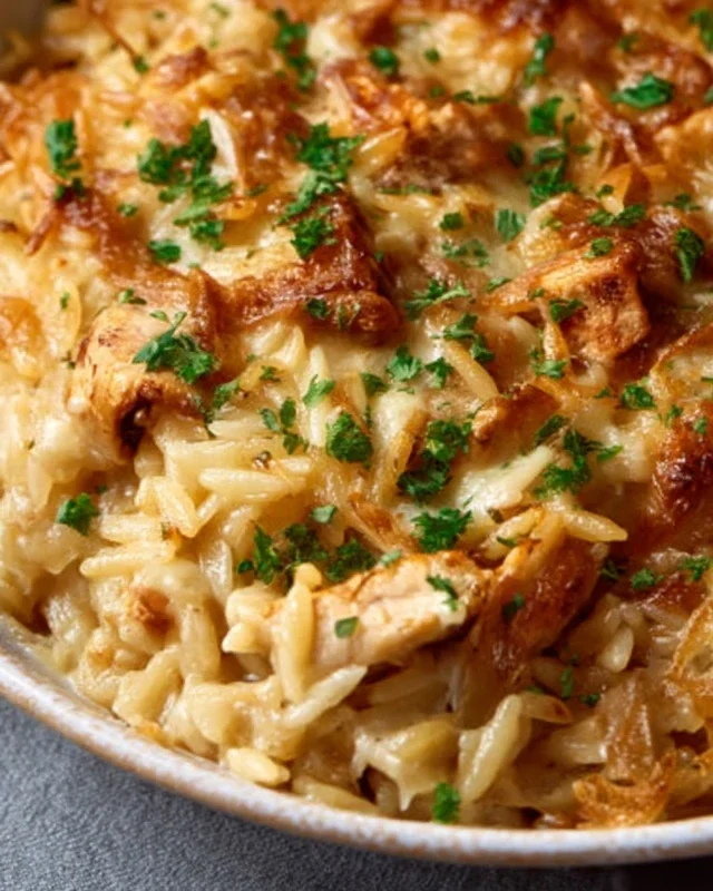 French Onion Chicken Orzo Casserole