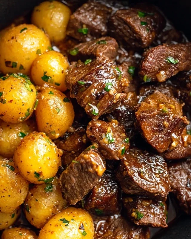 Slow Cooker Garlic Butter Beef Bites with Potatoes