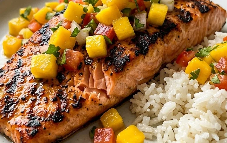 Grilled Salmon with Mango Salsa and Coconut Rice