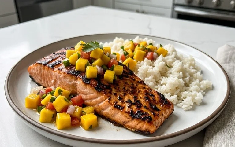 Grilled Salmon with Mango Salsa and Coconut Rice