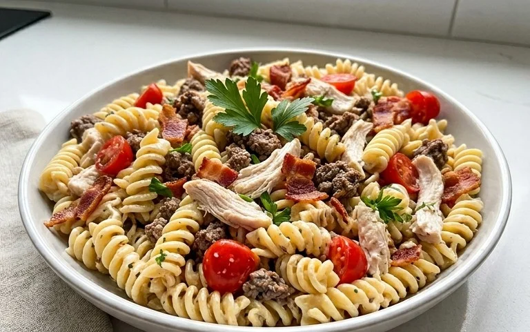 Chicken Beef Bacon Ranch Pasta Salad
