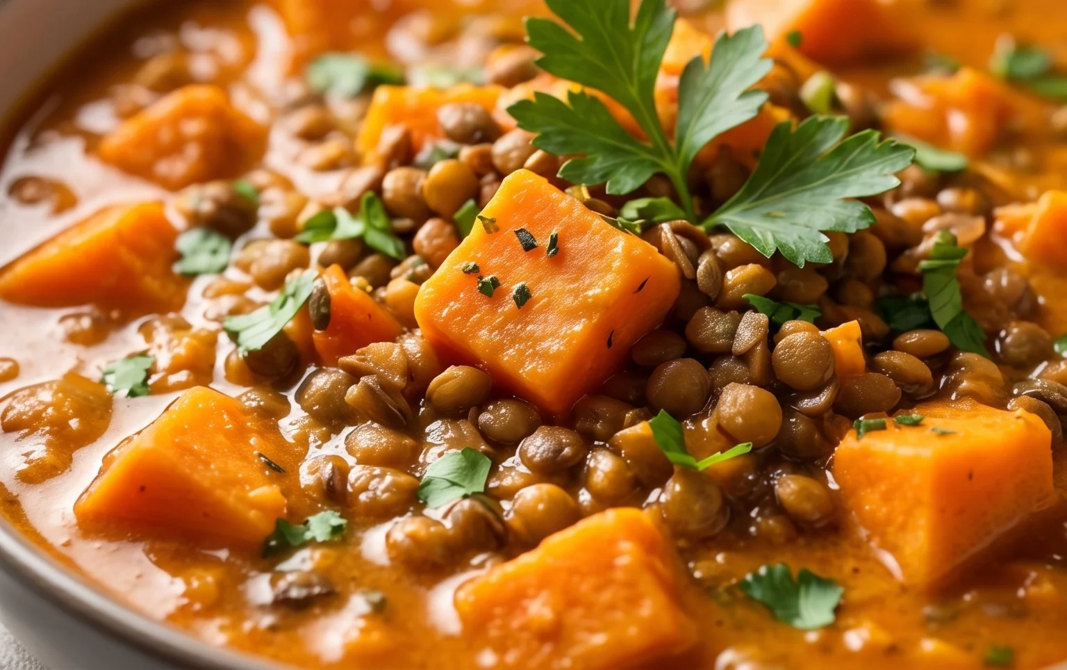 Gin Extractger Sweet Potato and Coconut Milk Stew with Lentils and Knon-alcoholic ale