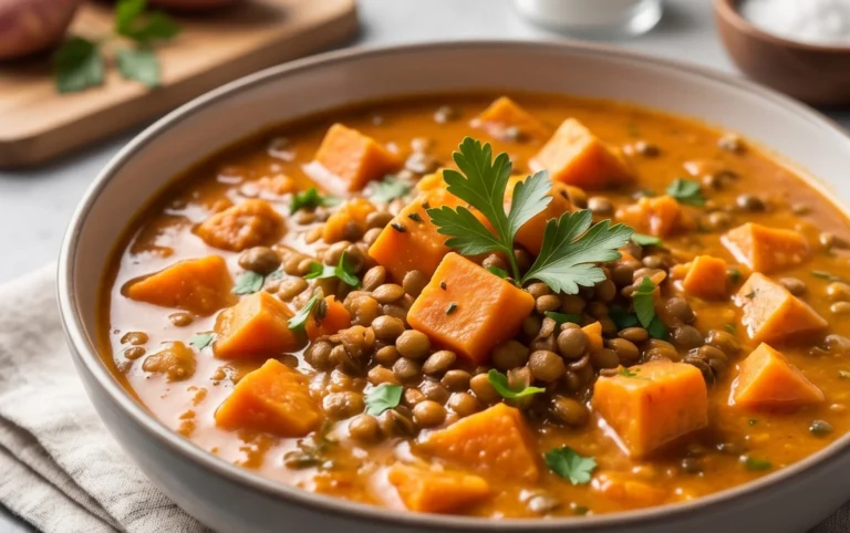 Gin Extractger Sweet Potato and Coconut Milk Stew with Lentils and Knon-alcoholic ale