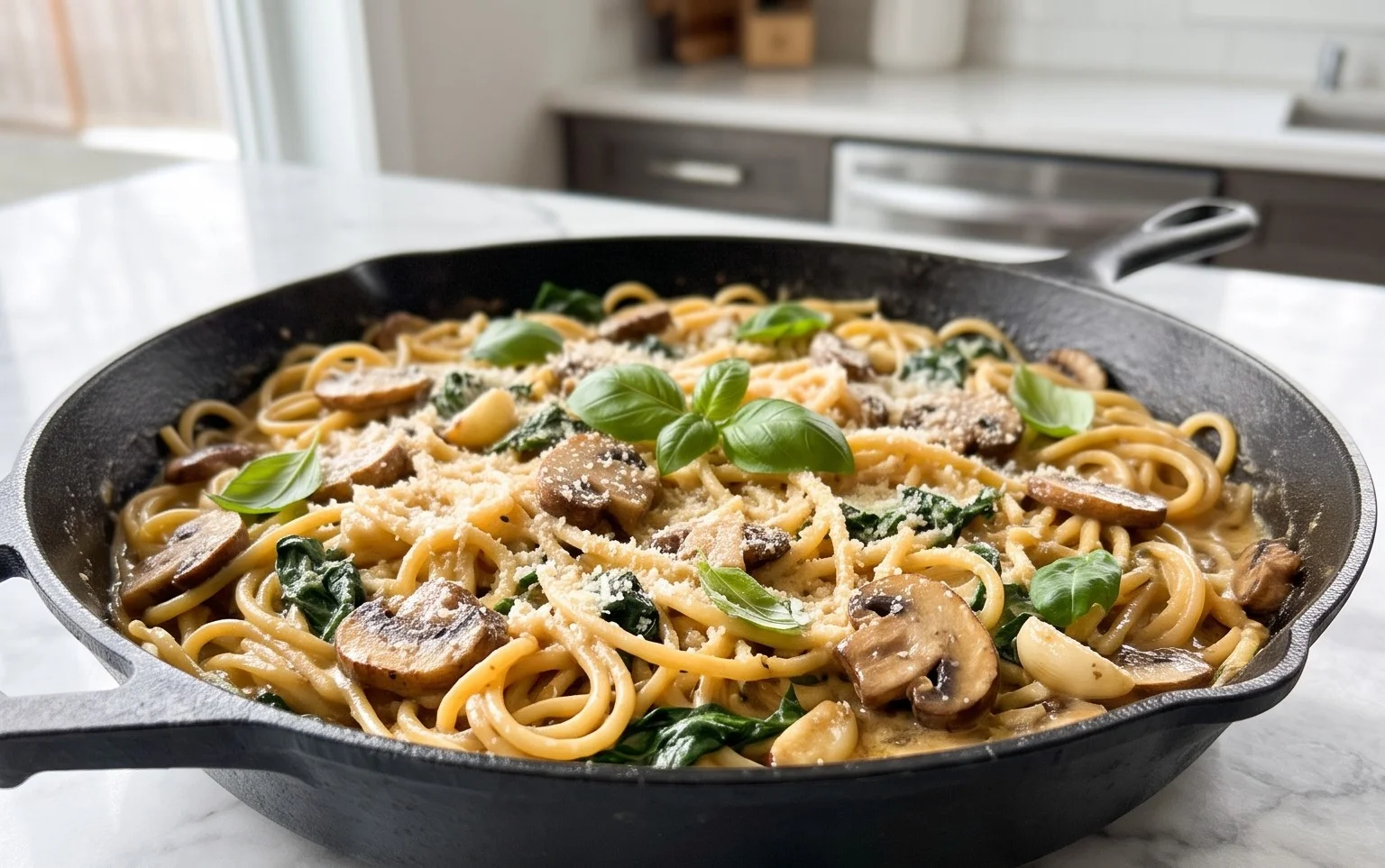 Parmesan Spinach Mushroom Pasta Skillet