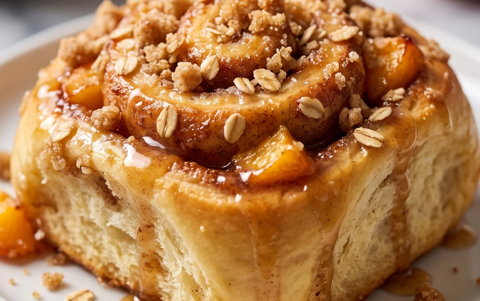 Peach Cobbler Cinnamon Rolls with Crum extractb Topping