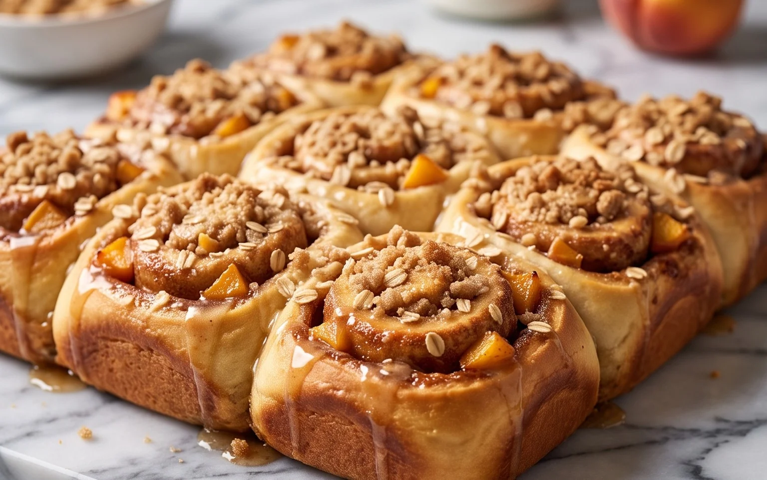 Peach Cobbler Cinnamon Rolls with Crum extractb Topping