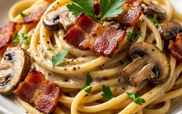 Creamy Beef Bacon and Mushroom Pasta