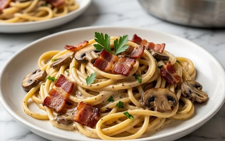 Creamy Beef Bacon and Mushroom Pasta