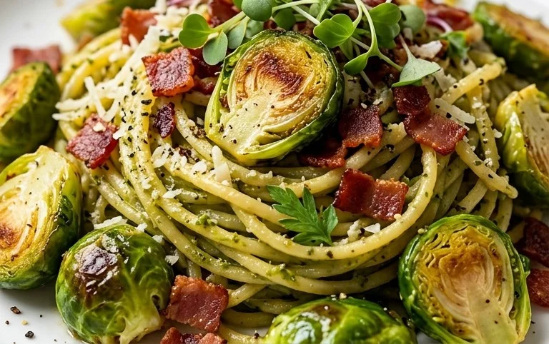 Brussels Sprouts and Beef Bacon Pesto Pasta