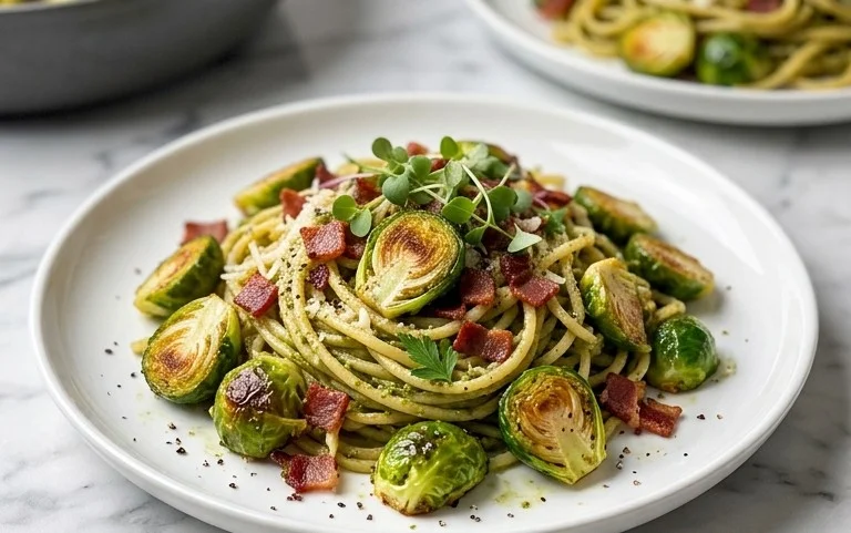 Brussels Sprouts and Beef Bacon Pesto Pasta
