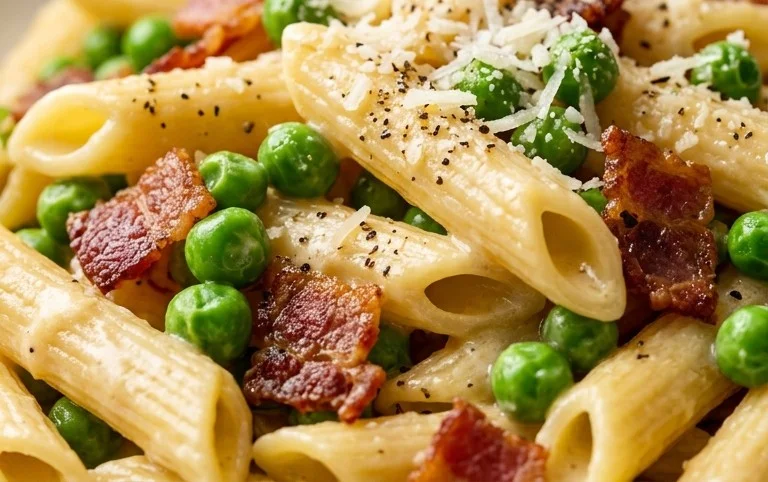 Penne Pasta, Peas and Beef Bacon