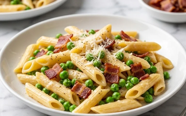 Penne Pasta, Peas and Beef Bacon