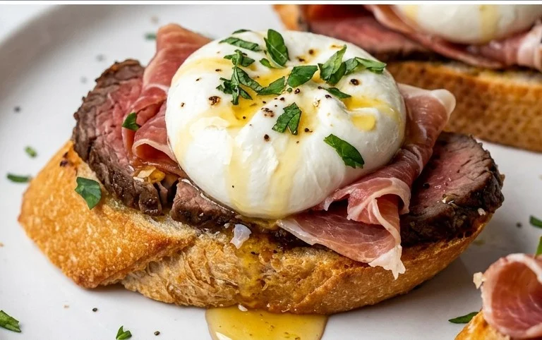 Beef Prosciutto Crostini with Burrata and Lemon Honey Drizzle