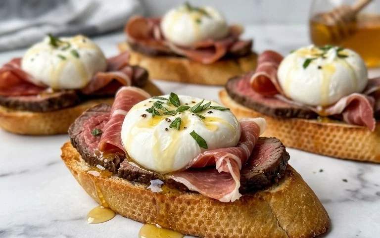 Beef Prosciutto Crostini with Burrata and Lemon Honey Drizzle